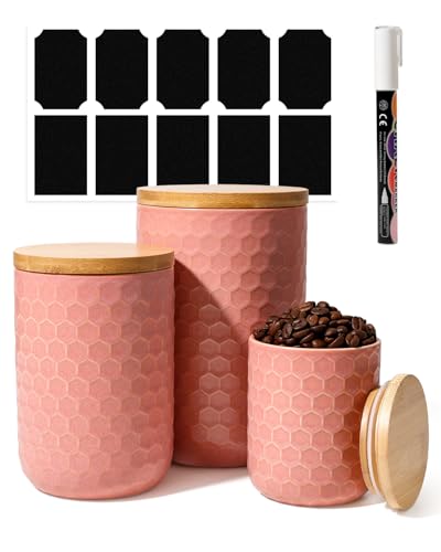 ZEBERBO Kitchen Canisters Set with Airtight Bamboo Lid, Pink Honeycomb Design, Ceramic Canister Set of 3, Sugar Flour Coffee Containers for Countertop, Food Storage Container Jars Set