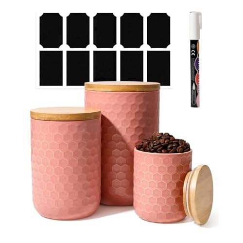 Kitchen Canisters Set with Airtight Bamboo Lid, Pink Honeycomb Design, Ceramic Canister Set of 3, Sugar Flour Coffee Containers for Countertop, Food S