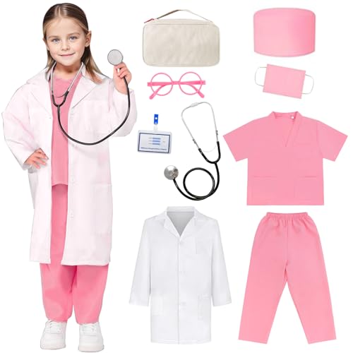 keaiyouhuo Costume de médecin pour enfants Ensemble de blouse de médecin avec stéthoscope Halloween Costume d'infirmière Dress Up