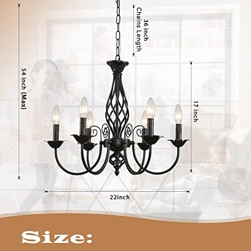 HOXIYA Farmhouse Chandelier 6 Light for Living Room, 22" Vintage Industrial Pendant Hanging Lights, Rustic Ceiling Hanging Matte Black Candle Chandelier for Dining Room Bedroom Hallway Kitchen Foyer