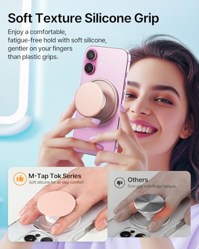 【新登場 リングスタンド追加】Sinjimoru MagSafe グリップスタンド 縦横対応 3000G磁力 薄型10mm 指にやさしいシリコン メタルプレート付き M-Tap Tok Ring Stand メタリックピンク