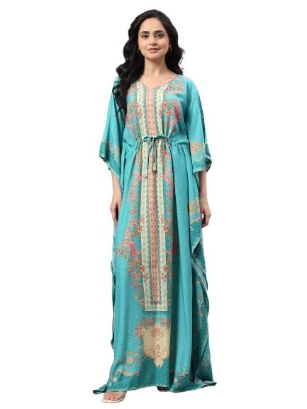 Women Cotton Blend Rayon Ethnic Printed Kaftan Nighty with Drawstring Waist | Regular Fit Lounge Wear Nightdress-image-45