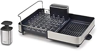 Joseph Joseph Rethink Your Sink - 2-piece Sink Organisation Set, Stainless Steel, Extendable Dish Drainer Rack with Draining Spout and Chopping Board Rail, includes Hygienic Soap Dispenser