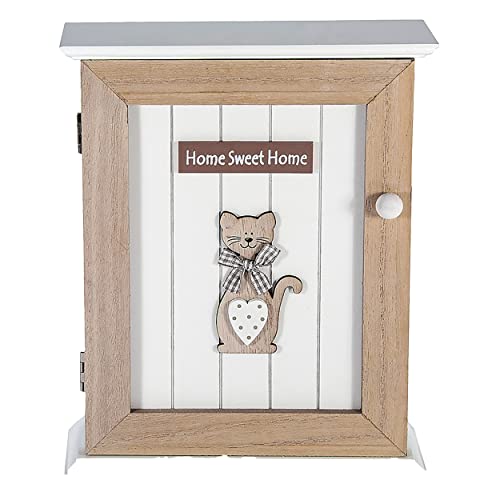 SPOTTED DOG GIFT COMPANY Caja para Llaves 6 Ganchos, Caja Colgador Llaves, Armario de Llaves para la Pared, Madera Blanco y Marrón, Decoración para la Cocina y el Hogar con Diseño de Gato Cover