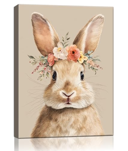 HomeifHue Easter Bunny Canvas Wall Art, Cute Rabbit with Floral