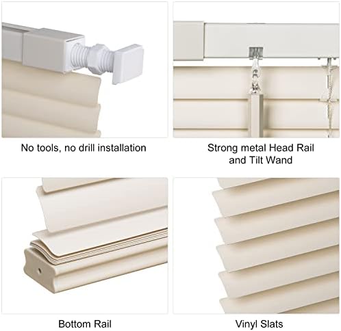 LazBlinds No Tools No Drill 1" Vinyl Mini Blinds, Cordless Blinds for Windows, Light Filtering Horizontal Window Blinds & Shades, 38" W x 48" H, Cream