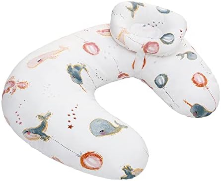 Nursing Pillow with Baby Cushion, Multifunctional Breastfeeding Baby Breast Feeding Pillow with a Detachable Headrest Baby Head Support Maternity Pregnancy + 100% Cotton Removable Cover (Whale)