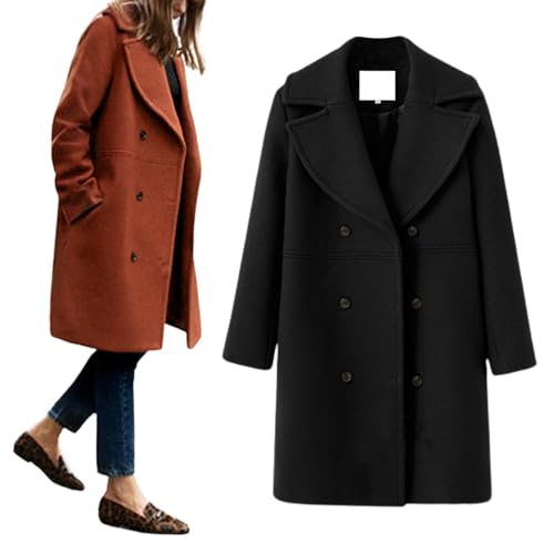 utcoco Womens Wool Blend Double Breasted Pea Coat Notched Lapel Mid Long Trench Overcoat with Pockets (XX-Large Black)