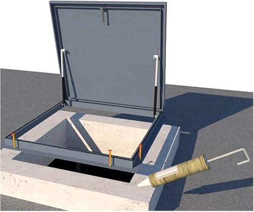 Puerta de escotilla Securi cuadrada de acero impermeable con varillas neumáticas e hidráulicas galvanizadas para acceso de pozos/escotilla de escape para callejones y patios, 100 x 100 cm