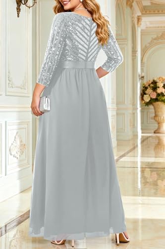 Image of Womens Plus Size Formal Dresses - V Neck 3 /4 Sleeve Sequin Prom Evening Gowns Long Maxi Dres