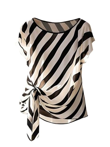 Floerns Women's Chiffon Blouses Tops Striped Mesh Bowknot Round Neck Shirts Short Dolman Sleeve Tie Side Work Blouse