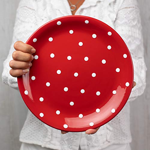 City To Cottage Handmade Red And White Pottery Polka Dot Glazed 10Inch/25.5Cm Flat Dinner Plate | Ceramic Unique Dinnerware, Housewarming Gift #TOP3