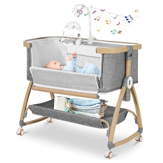 Bassinet Bedside Sleeper,3 in 1 Bedside Bassinet for Baby,Rocking Bassinet for Baby with Mattress,Mobile,Mosquito Net,Storage Basket,6-Height Adjustable Bassinet with Wheels for Newborn Infants