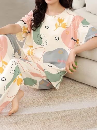 Image of GLASGO Women's Cotton Pajama Set with Top & Pants|| Korean Night Wear|| Loose Fit Home Wear || Lightweight Printed Set || Soft & Comfy Sleepwear for Girls & Women || LNS-4-$