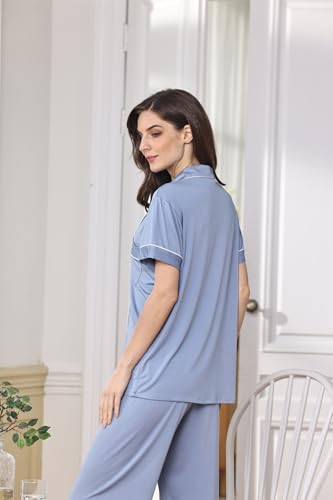 Image of WJing Yi Jia 3Pcs Soft Pajama Sets For Women XS-XXL Womens Pajamas Set Sleepwear Button Down Short Sleeve Long Pants Pj sets