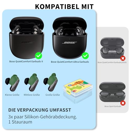 MOWYEOK Lot de 3 paires de cache-oreilles compatibles avec Bose QuietComfort Ultra, 3 tailles, en silicone souple, antidérapants, pour casque Boss et sport, noir