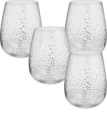 Circleware Silver Confetti Stemless Wine Glasses, Set of 4 Drinking Glassware for Water, Juice, Beer, Liquor and Best Selling Kitchen & Home Decor Bar Dining Beverage, 18.9 oz