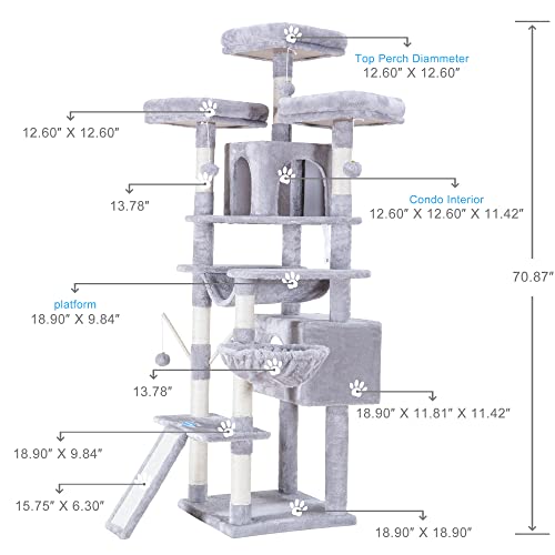Hey-brother Cat Tree, 71 inches XL Large Cat Tower for Indoor Cats, Multi-Level Cat House with 3 Padded Perches, Big Scratcher, Cozy Basket, 2 Cat Condos and Scratching Posts, Light Gray MPJ034W by Hey-brother - Used condition - US$80.20