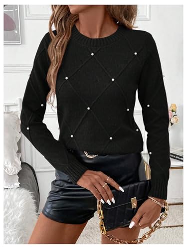 Verdusa Women's Pearl Long Sleeve Crew Neck Sweater Tops Holiday Textured Knit Pullover4