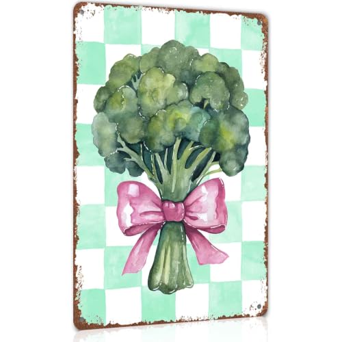 Watercolor Broccoli With Pink Bow Checkered Vintage Metal Sign 12x8 Inch