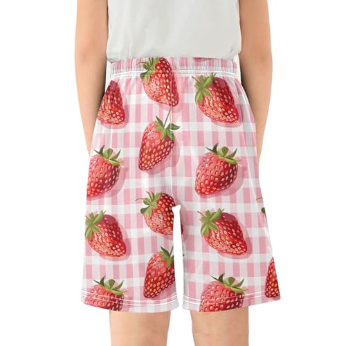 Strawberry Pink Checked Sleep Shorts Summer Pajama Shorts Elastic Waist Sleep Bottoms with Pockets 6-14 Years2
