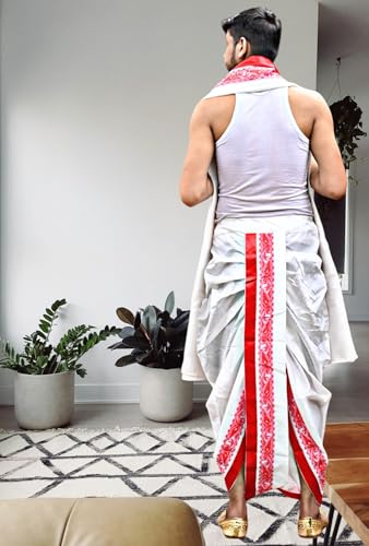 Image of Men's Ethnic | Traditional Ready to wear (Pant System) Readymade Panchakacham Dhoti With Angavastram(Towel) Set, Tassar Silk, Free Size (GC002)