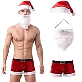 Evankin Men's Christmas Boxer Briefs Set, Sexy Santa Costume, Xmas Outfit Lingerie with Hat and Fake Beard(2XL)