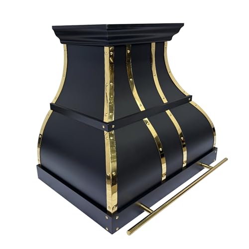 Image of SINDA Black Stainless Steel Range Hood with 4-Speed Vent Hood Insert Handmade Metal Kitchen Fan with Pot Rail LED Light 30 inchW x21 inchD x27 inchH Wall Mount