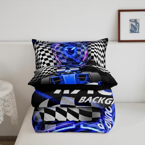 Image of Feelyou Kids Blue Race Car Duvet Insert Queen Size, Racing Car Comforter Set Boys Girls Karting Road Bedding Set Teens Bedroom Decor 3Pcs