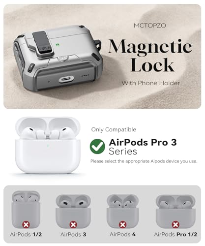 Image of for AirPods Pro 3 Case with Lock (Silver) | Compatible with MagSafe,with Phone Stand,with Automatic Snap Switch Carbon Fiber Design Protection Cover with Cleaning Pen