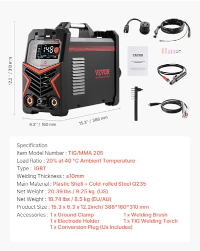 Miniatura 7 de Vevor Máquina De Soldar Tig 3 En 1 De 205 A, Pantalla Led Grande, Máquina De Soldadura Tig Con Inversor Igbt Y Arranque De Alta Frecuencia, Tig Cc Tig Pulsado Cc Mma, Varilla, 388 X 160 X 310 Mm