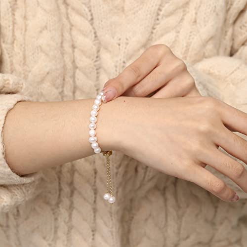 Cowlyn Pearl Bracelet Chain Link Baroque Culture Bossimi 14K Gold Filled Adjustable Fashion Valentine Charm Dainty Handmade Jewelry For Women Wife Girls Mom #TOP1