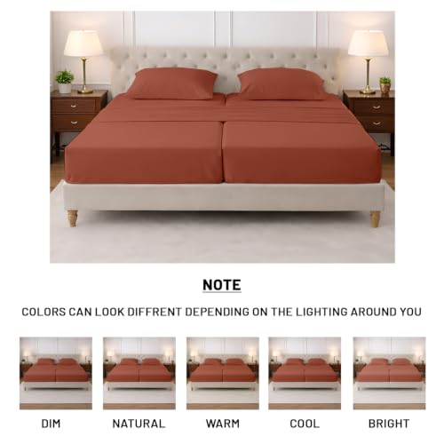Image of SGI Split King Sheet Set for Adjustable Bed Egyptian Premium Cotton 600 Thread Count Sheets for Sleep Number Bed 15 inch Deep Pocket 5 Pc Set with 2 Twin XL Fitted Sheets Soft Breathable - Terracotta