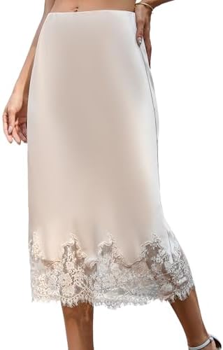 Bsubseach Satin Skirt for Women Midi Lace Trim Skirt Silk A-Line ...