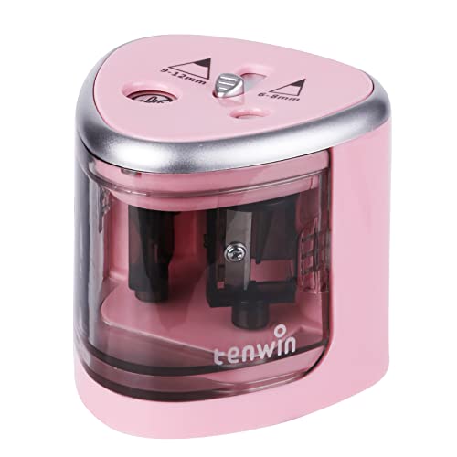 Tenwin 電動鉛筆削り 電動シャープナー 人気 小型 コンパクト 軽量 コードレス 2穴タイプ6-12mm鉛筆適用 単三電池対応 太軸対応 6つの安全機能搭載 無駄削り防止 学習用 子ども 大人 入学祝い 誕生日プレゼント ピンク