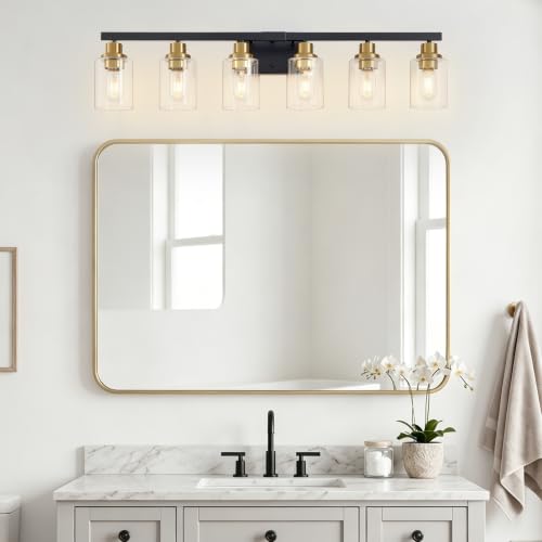 Image of 6-Light Vanity Lights Bathroom Light Fixtures,Black and Gold,37 inch | Modern Bathroom Vanity Light over Mirror with Clear Glass Shade,Farmhous Wall Mounted for Bathroom,E26 Base