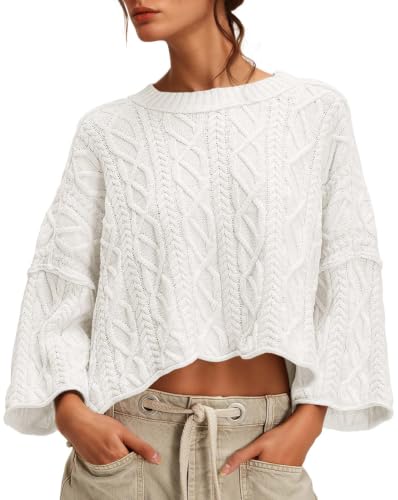 UNCLECAT Women's Cable Knit Cropped Sweaters Oversized Fall Sweater Long Sleeve Knit Trendy Pullover Tops White