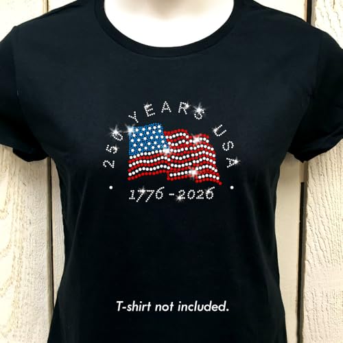 250 Years USA Flag 1776-2026 Sparkly Patriotic America Iron-on Rhinestone Transfer Red Blue Clear Crystals Bling by JCS Rhinestones