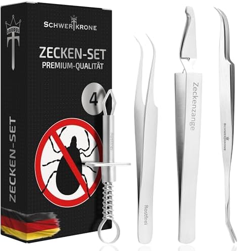 Schwertkrone Zeckenzange 4-teiliges Set Premium Rostfrei Edelstahl | Zeckenzangen | Zeckenset für Hunde | Pinzette Zeckenpinzette Zeckenheber