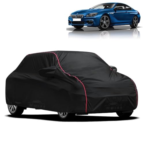 Image of Waterproof Car Cover for BMW M Series | All-Weather Protection, Dustproof & UV Resistant | Triple Stitched Mirror Pockets, Windproof Buckle Strap with Elastic Hem, Black-Red Piping