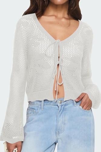 Image of Balimtoy Women Tie Front Cardigan Crochet Sweater Crop Tops Cute Bell Long Sleeve Knit Shrug Beach Vacation Cover Up