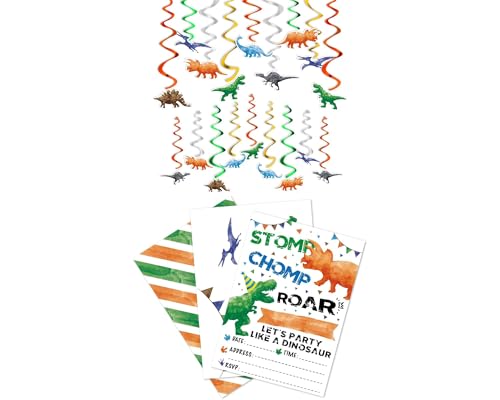 WERNNSAI 20Set Dinosaur Party Invitation Cards + 24PCS Dinosaur Hanging Swirl