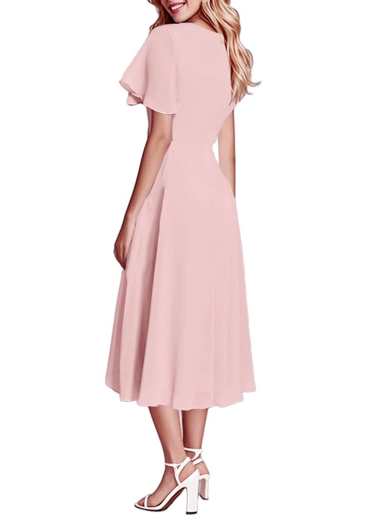 Minetom Robe De Soirée Femme A Line High Low Col V Manches Courtes pour Mariage Invité Mousseline Plissé Dress