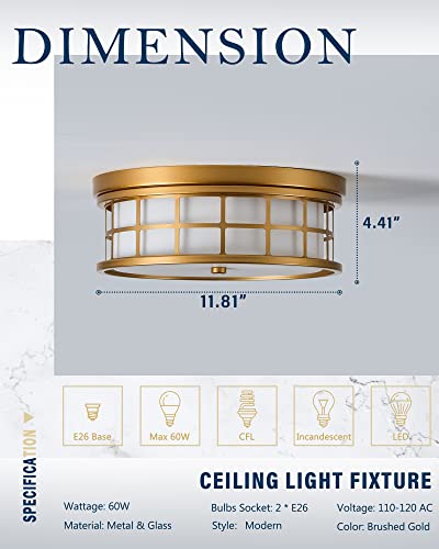 Hanass Flush Mount Ceiling Light Fixtures, Bedroom Ceiling Light Fixture With Frosted Glass, Gold Flushmount Ceiling Lights, E26 Close To Ceiling Light For Hallway, Living Room, Kitchen, Mx100023 #TOP5