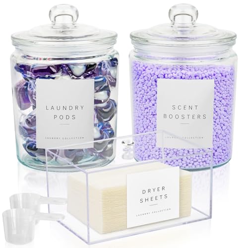 Glass Laundry Room Organization and Storage Set with Pods Holder, Detergent Container, Fabric Softener, Scent Booster Dryer Balls Acrylic Dryer Sheet Holder 2 Half Gallon Glass Jars Labels (3)