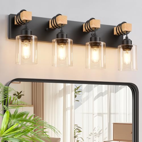 Image of Licperron 4-Lights Farmhouse Vanity Lights for Bathroom, Matte Black Bathroom Light Fixtures with Clear Glass Shade, Rustic Wood Wall Lighting Fixtures Over Mirror for Bedroom, Living Room, Hallway