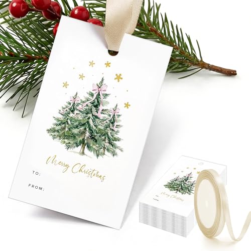 Étiquettes de Noël en papier doré et ruban de satin chic