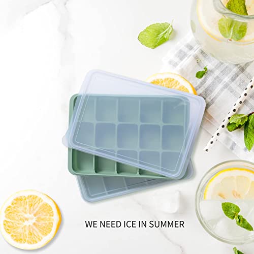 Ice Cube Trays Set Of 2, Easy Release 15 Flexible Silicone Ice Cube Molds With Removable Lid Reusable Freezer Ice Trays Stackable For Whiskey, Baby Food, Bpa Free (Bamboo Green) #TOP3
