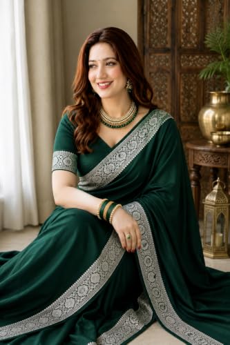Image of Women's Glory Banarasi Satin Kanjivaram Saree Silver Zari Border Pure Soft Blend Silk Sari Kanchipuram Paithani Silk Party Wedding Festive New Ladies Sadi with Unstiched Blouse Piece. (Pink)