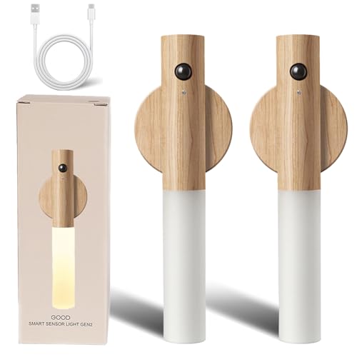 Motion Sensor Night Light, USB Rechargeable Wall Light Portable Removable Magnet Body Sensor Wall Lamp, Wireless Led Light for Indoor Hallway Stairway Porch Automatic Sensing Lamp (White Ash Wood 2PS)